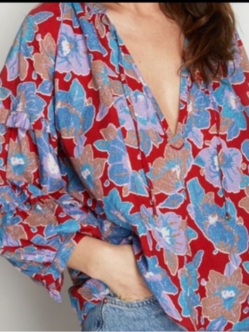 Love the Label Anthro Red Blue Floral 100% Cotton Top Size L NWT